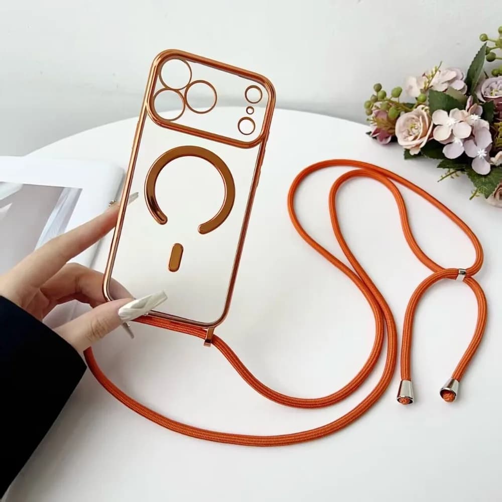 Luxury necklace with cord plated transparent magnetic case for Apple IPhone 17 Air 16 14 12 13 15 Pro Max for Magsafe Cover