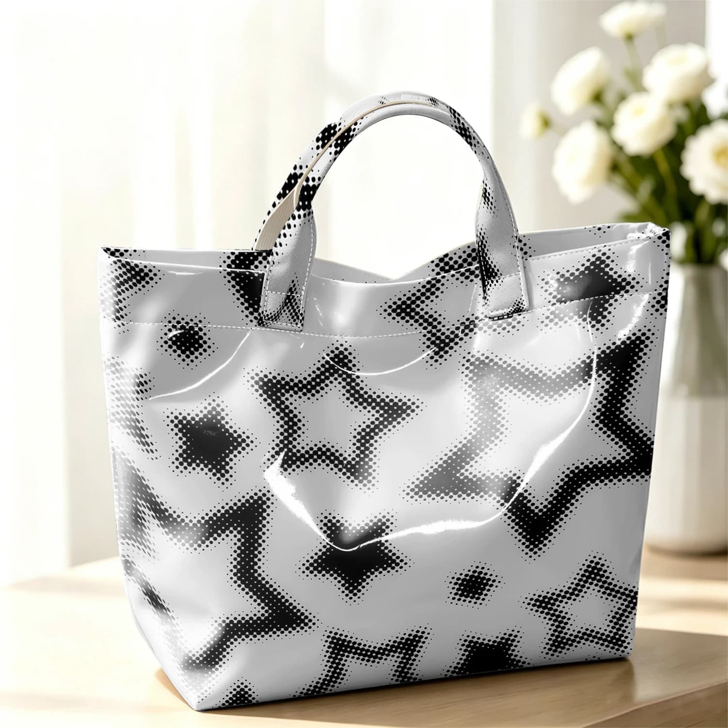 Dot Stars Cute Large Glossy PVC Tote Bag Hand Washable Lightweight Soft Great for Travel Commute Makeup Storage Handbags