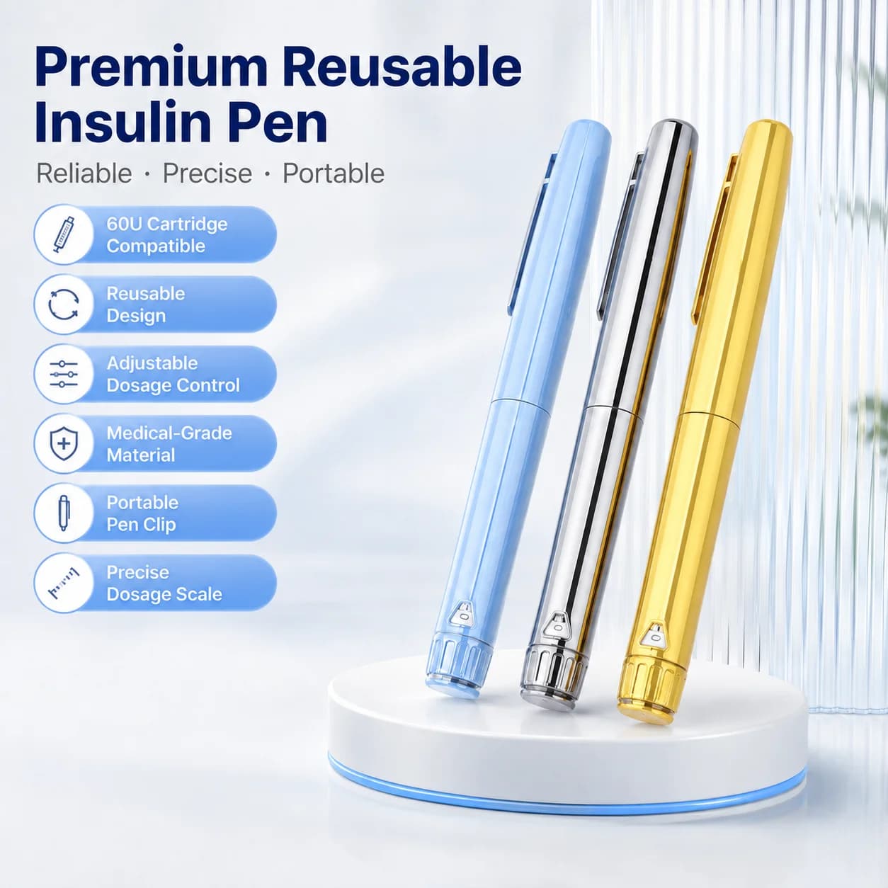 Metal Reusable V4 Injection Pen Adjustable 3ml Empty Cassette Bottle Insulin Injector Pen, 60U Peptide Insulin Injector Pen