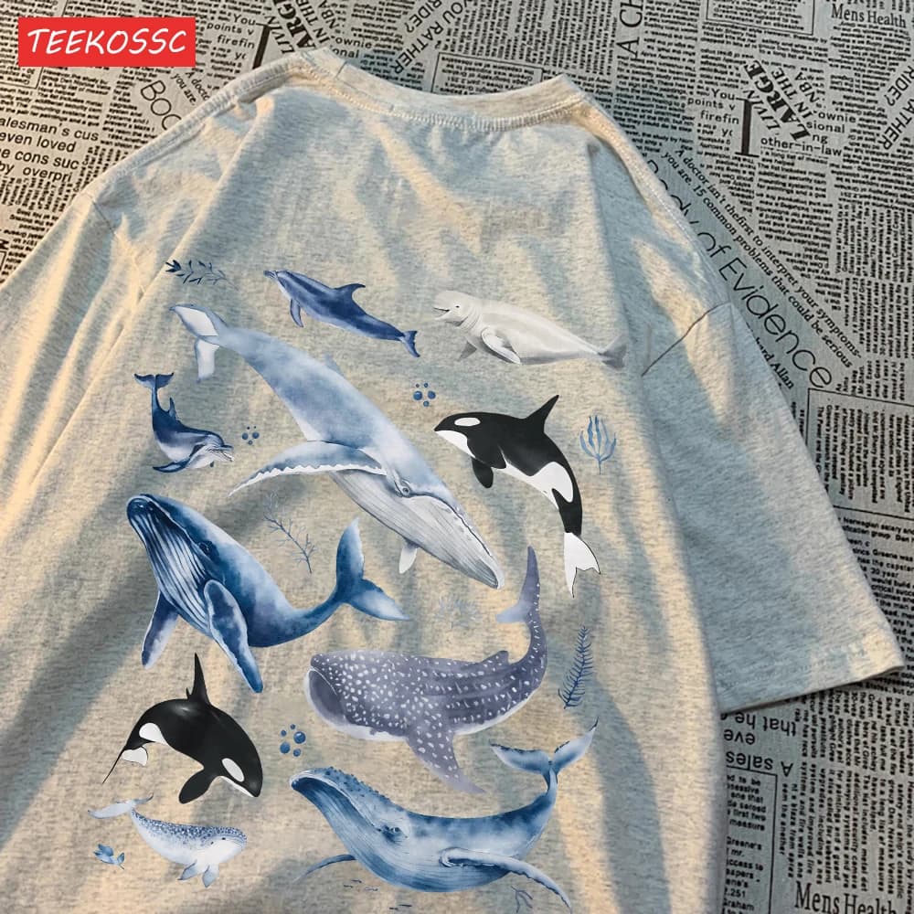 T-shirt da donna in cotone moda Oceano e balene Stampa Top Oversize O-Collo Morbido manica corta Estate Casual Abiti femminili