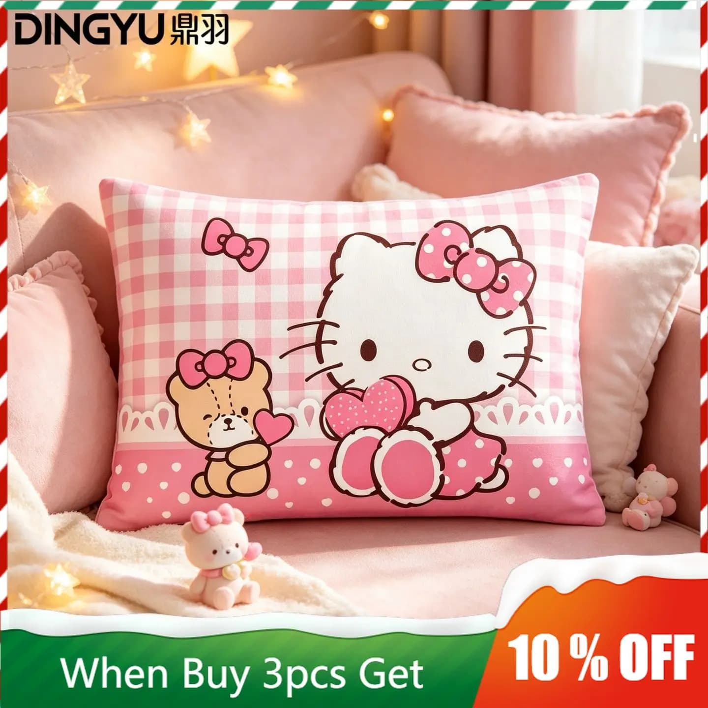 Hello Kitty Cartoon Crystal Velvet Throw Pillow Soft Back Cushion Pillowcase Decor for Living Room Sofa Office Bedhead Ornament