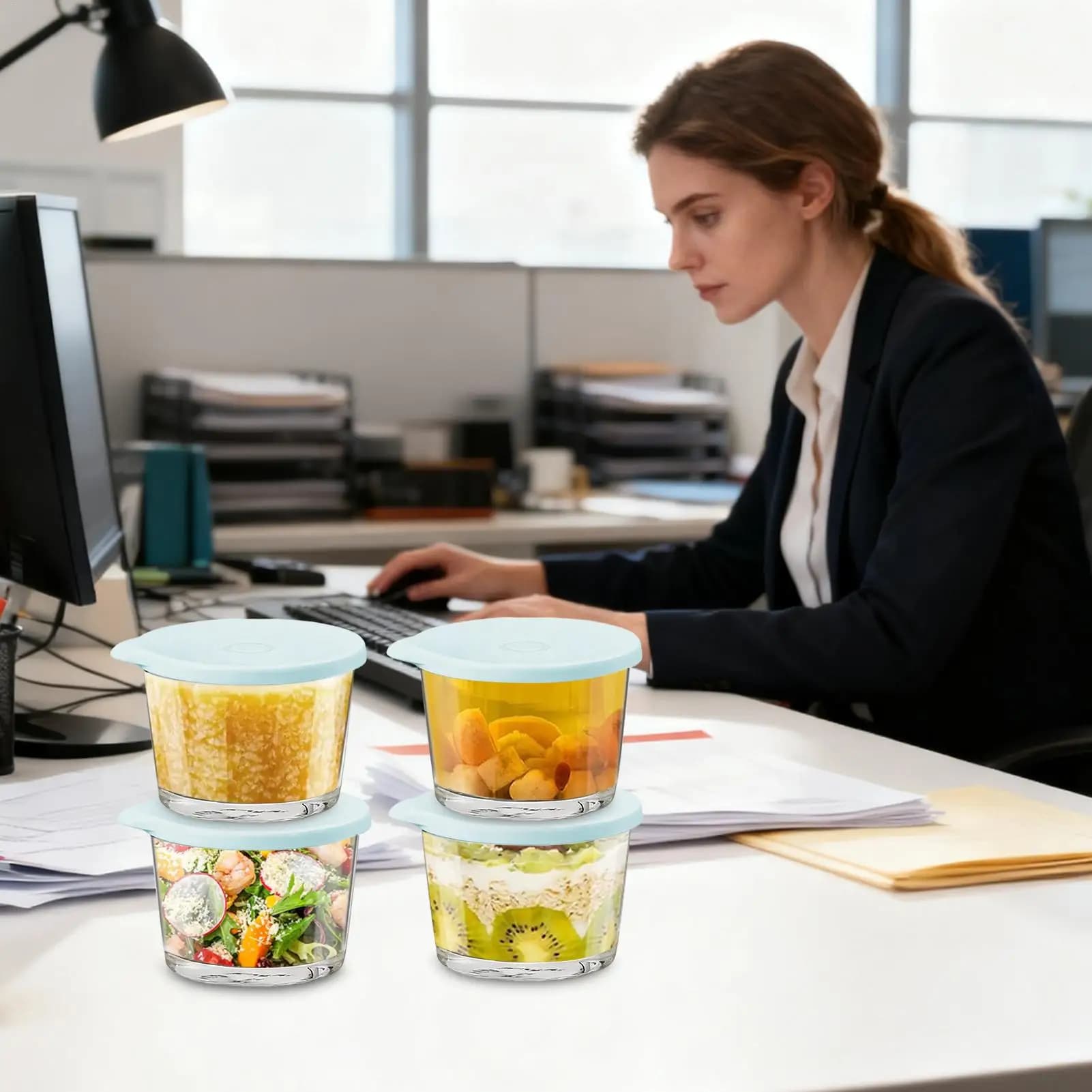 Ciotole in vetro con coperchi 4 pezzi Barattoli riutilizzabili impilabili ermetici Contenitori per alimenti in vetro per la preparazione dei pasti Snack Durante la notte