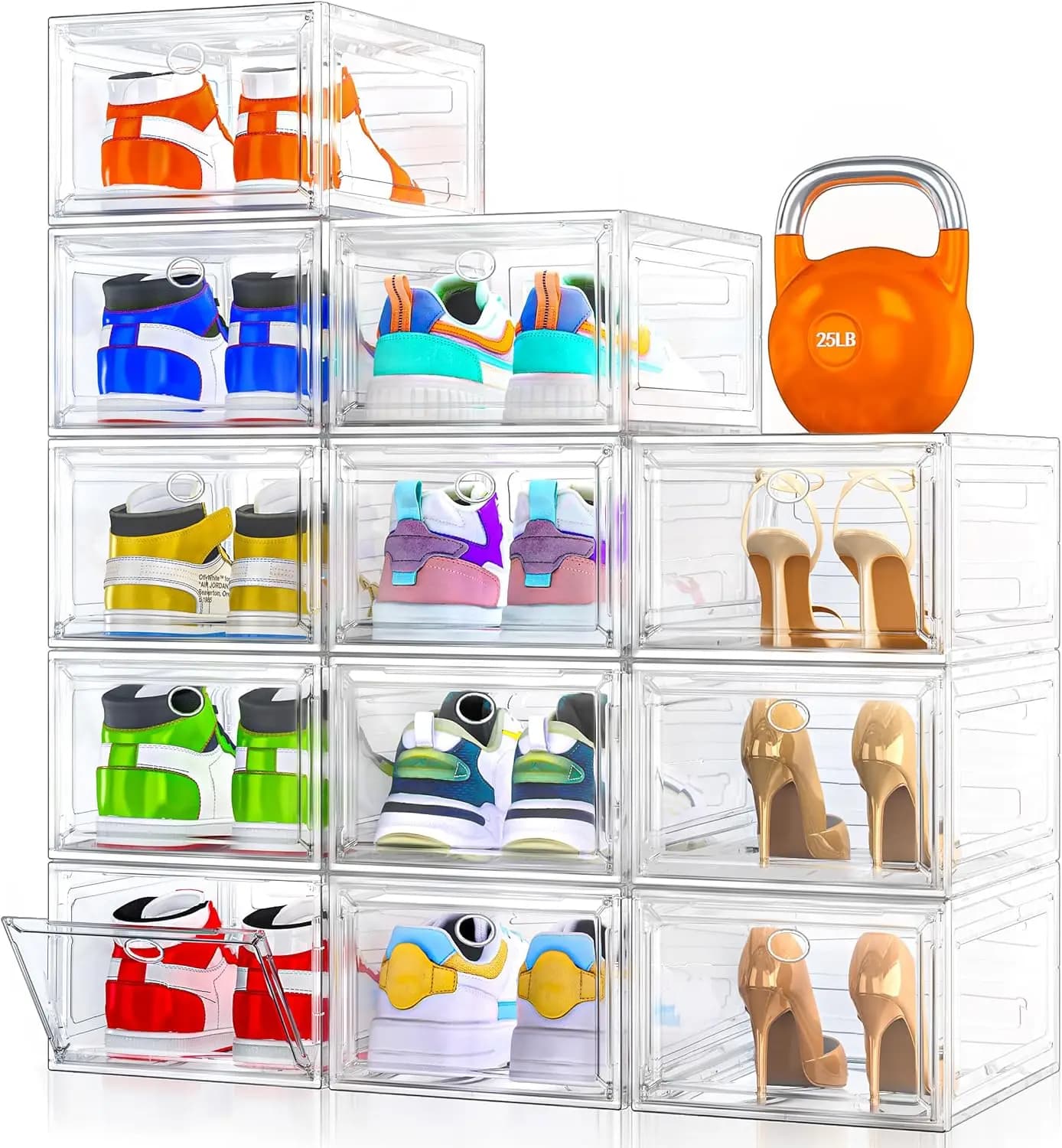 Transparent Magnetic Organizer for Shoes, Plastic Impilable Boxes for Sneakers, Boots and Heels, Foldable Shoe Bags White