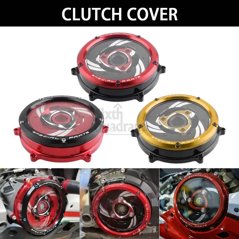 Accessori moto Coperchio frizione trasparente Base rossa in alluminio CNC Anello nero adatto per DUCATI SUPERBIKE 959 PANIGALE 2016 2017 2019