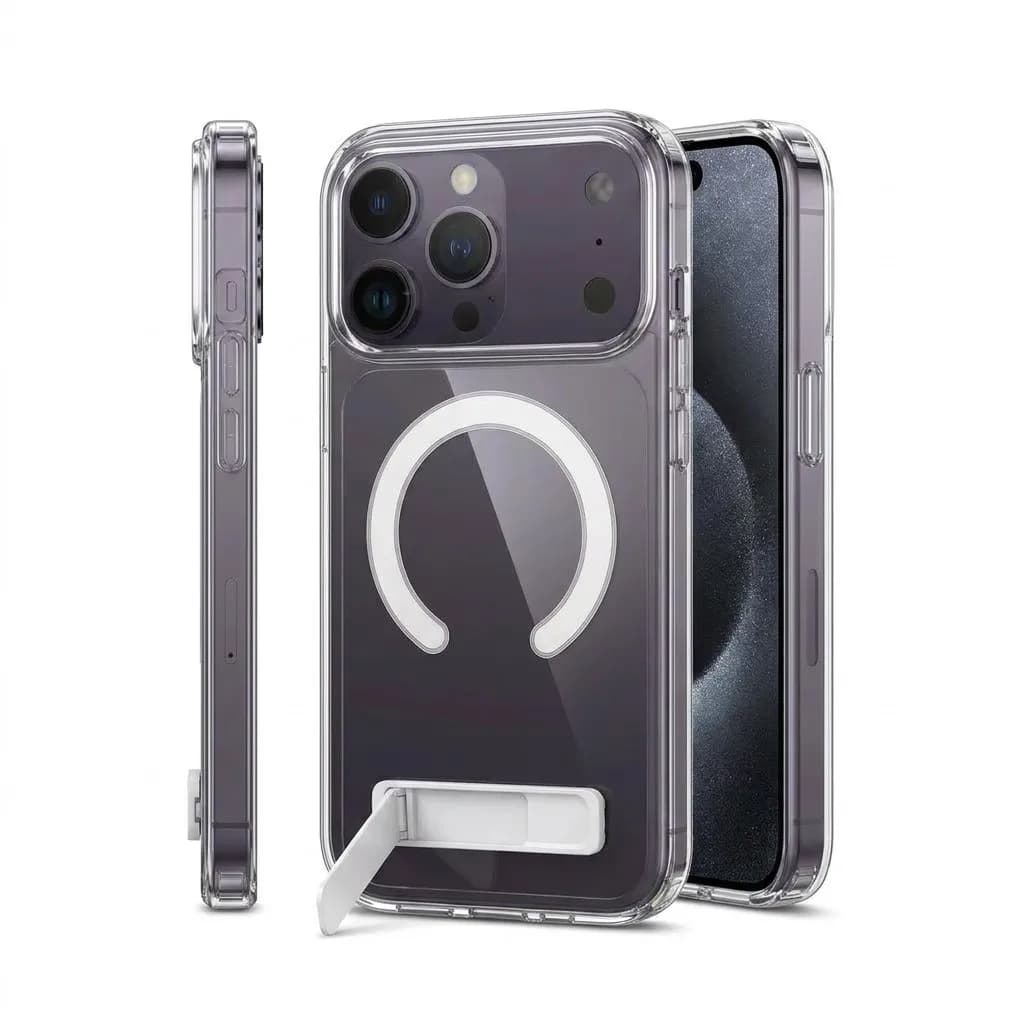 With Four Corner Guard Clear Magnetic Kickstand Case for iPhone 17 15 12 13 Mini 11 16 Pro Max 14 Series Anti Yellow Case Cover