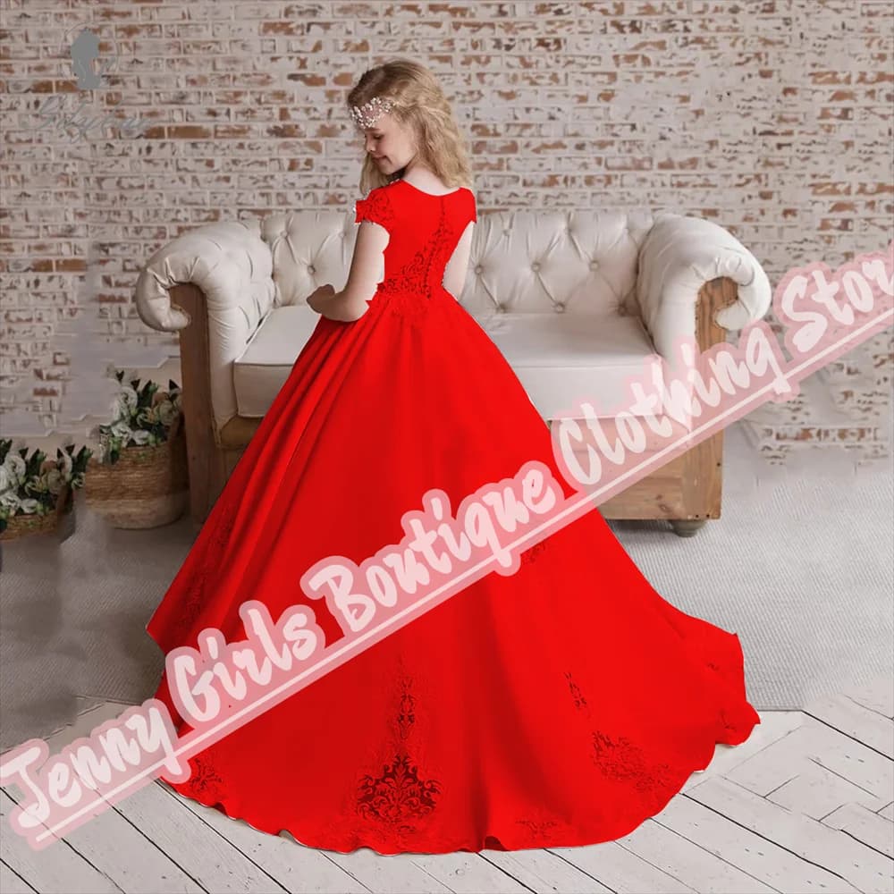 Abiti da prima comunione in tessuto di raso rosso principessa formale Abiti da ragazza di fiori con applicazioni in pizzo Manica corta Matrimonio Compleanno