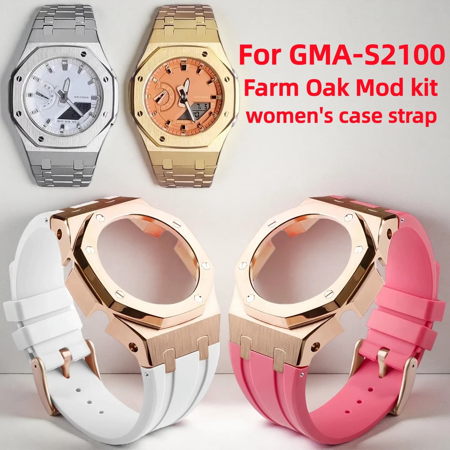 Kit di Modifica per Casioak GMA-S2100, per Casio G-SHOCK GMAS2100 da Donna, Cassa in Acciaio Inossidabile Modificata, Cinturino in Gomma