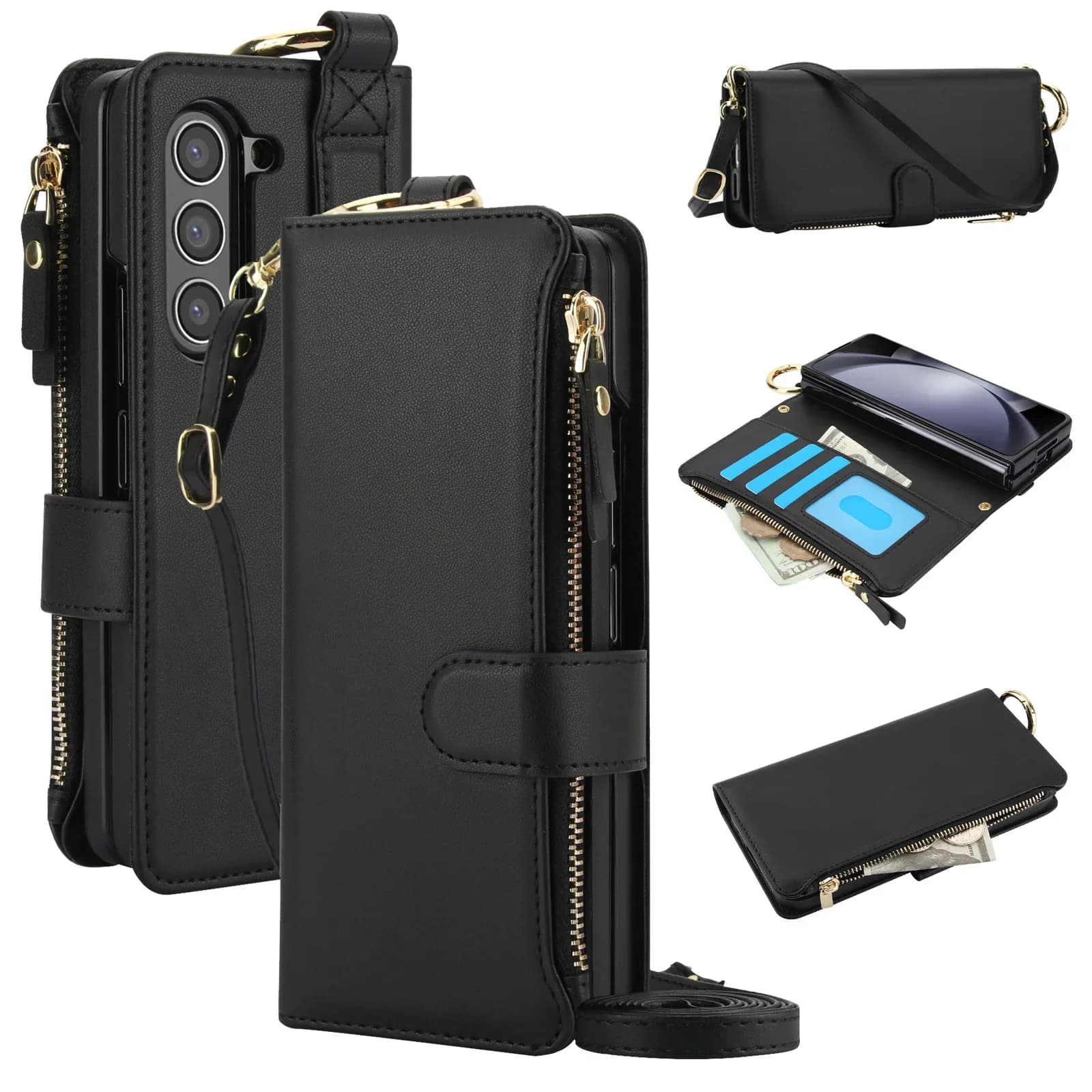 Leather phone case with zipper wallet Solt for shoulder cards for Samsung Galaxy Z Fold 7 6 5 4 3 Hose for ring with easel
