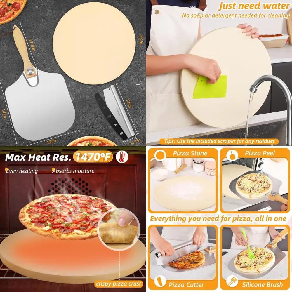 Set di 15 pietre per pizza rotonde ispessite per forno e grill con buccia e taglierina, ideale per cuocere pizza e pane