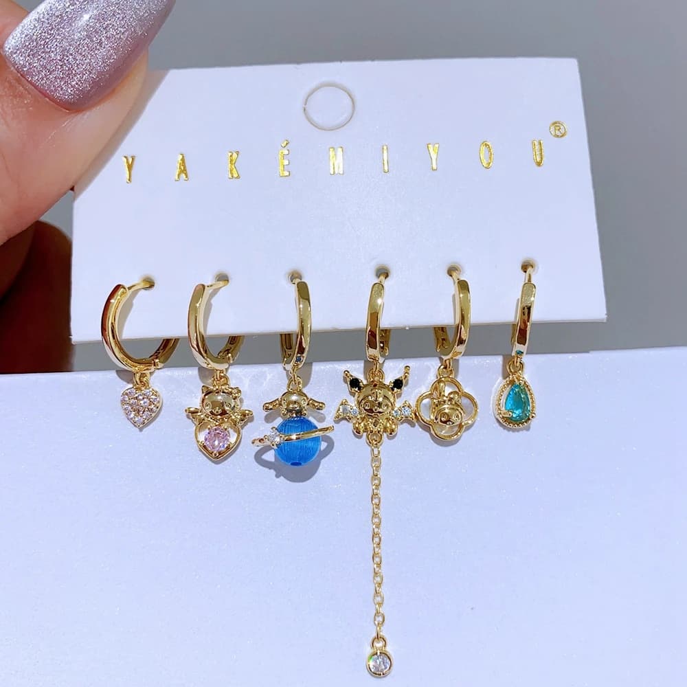 6 pezzi/set adorabili cartoni animati gatto cane animali ciondolo orecchini pendenti gioielli da donna con zirconi cubici placcati in oro