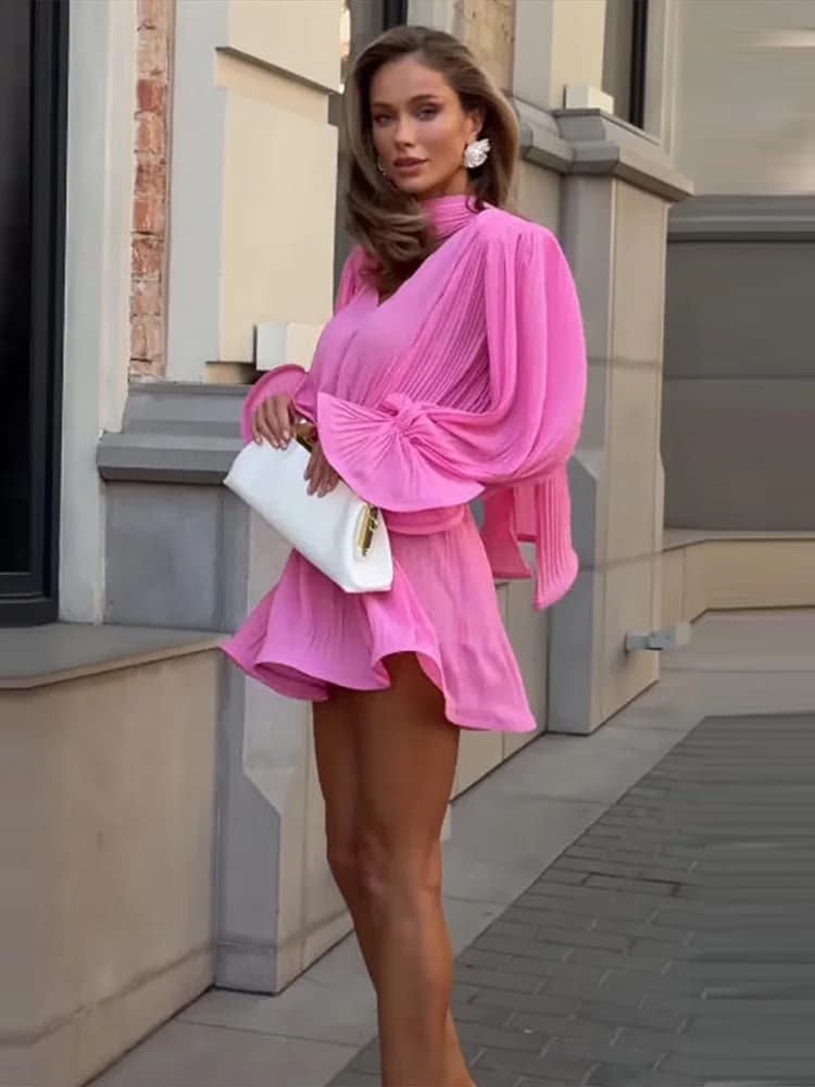 Elegant Fold Women's Mini Dress Pink V-neck With Halter Ribbon Long Sleeve Female Dresses 2026 Summer Fashion Lady Robes New