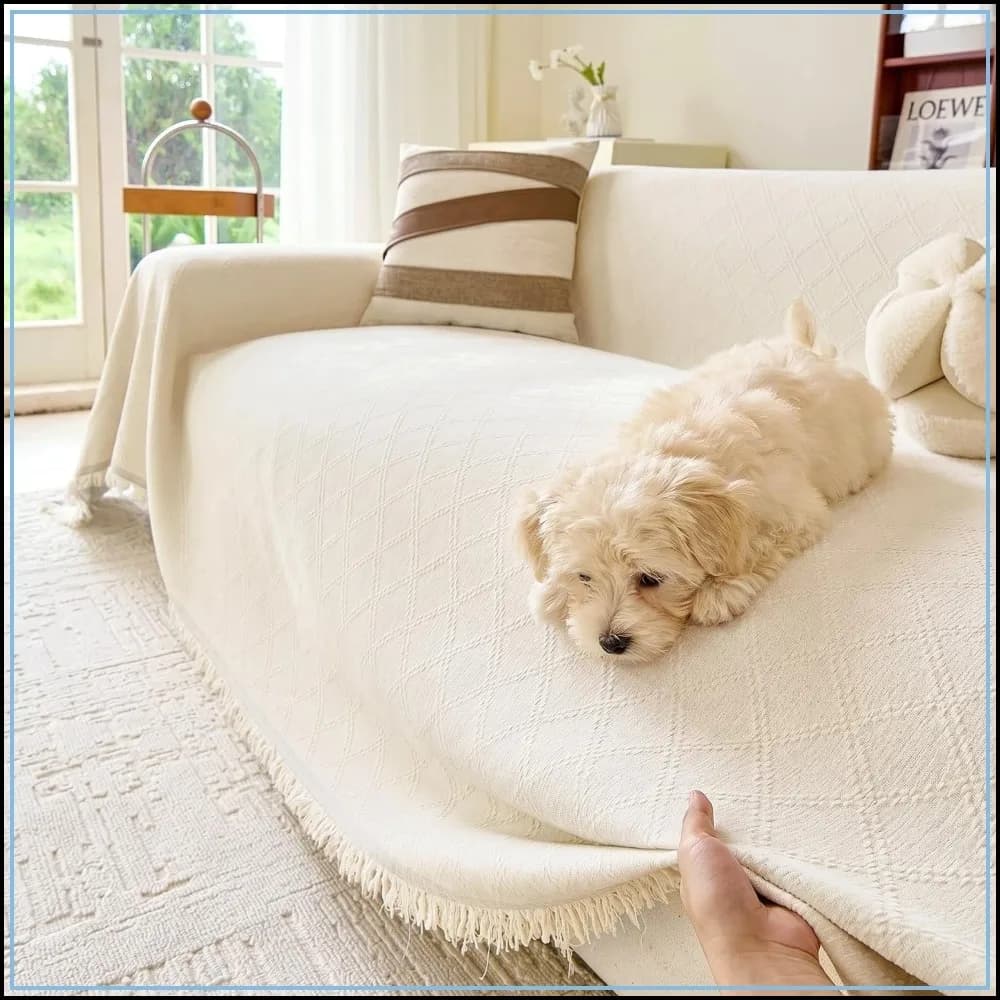 Beige Couch Cover for 3 Cushion Sectional Sofa L-Shape - Washable Chenille with Tassel, 71"x134"