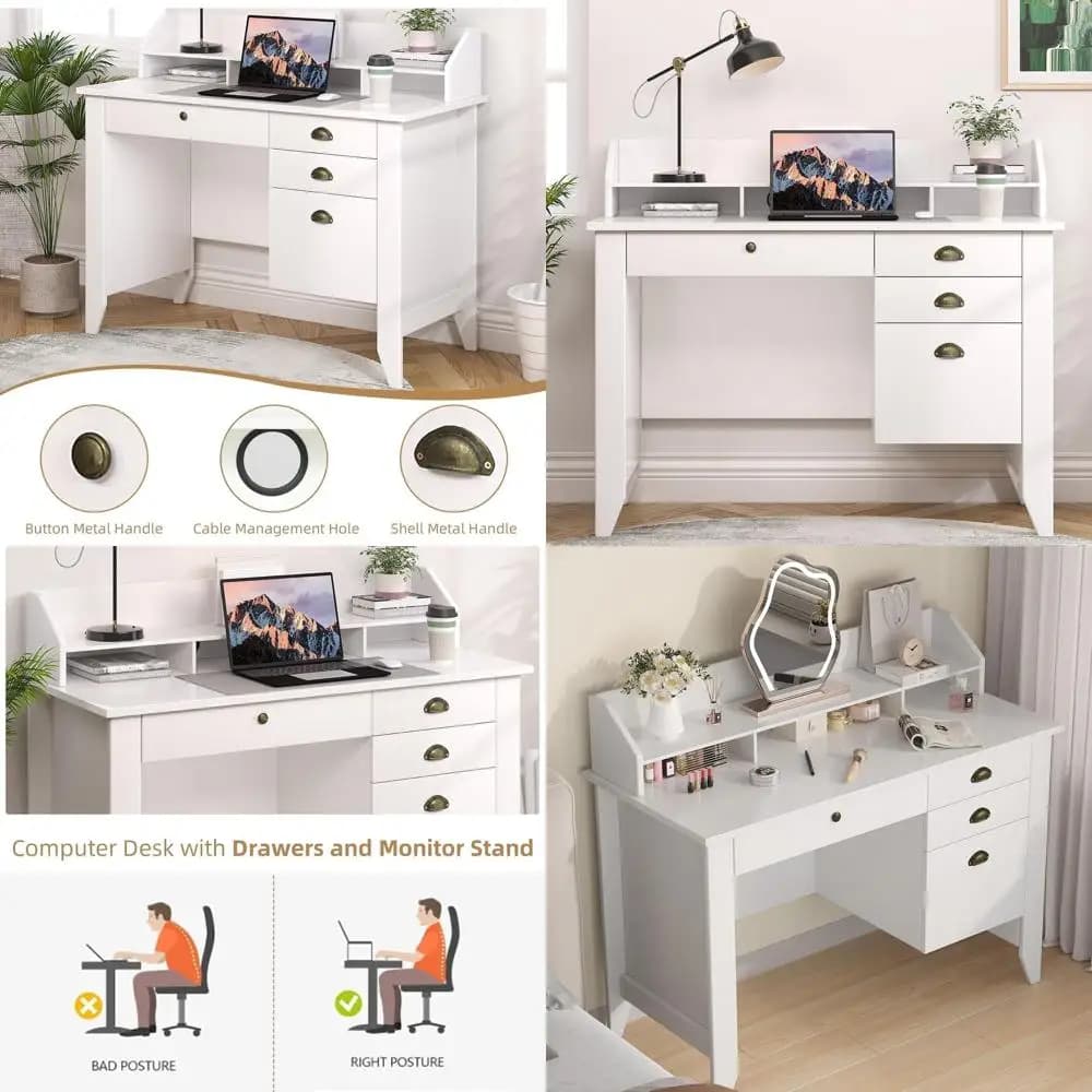 White Compact Desk with Lockers and Home Office Monitor Support