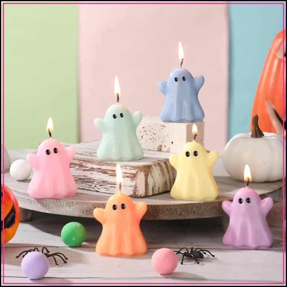 12 Pcs Pastel Halloween Ghost Candles Cute Burning Unscented Wax Candles Spooky Decor for Party Bedroom Table