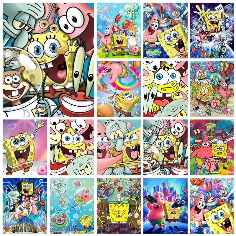 Kit Pittura Diamante Fai da Te SpongeBob, Mosaico Diamantato Ricamato a Croce, Decorazione Domestica
