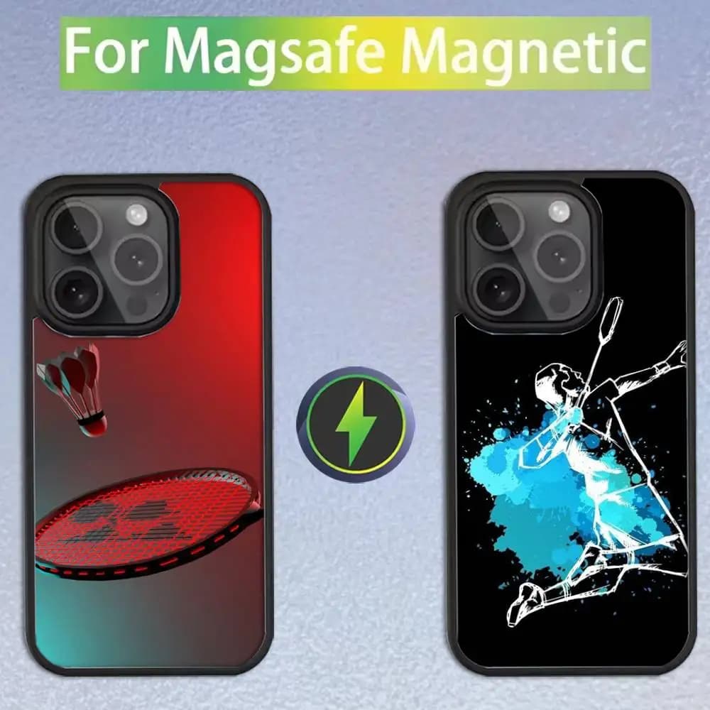 Custodia per telefono sportiva classica da badminton per iPhone 17, 16, 15, 14, 13, 12, 11, Pro, Max, Plus, Mini, SE4, E, compatibile con MagSafe Wireless