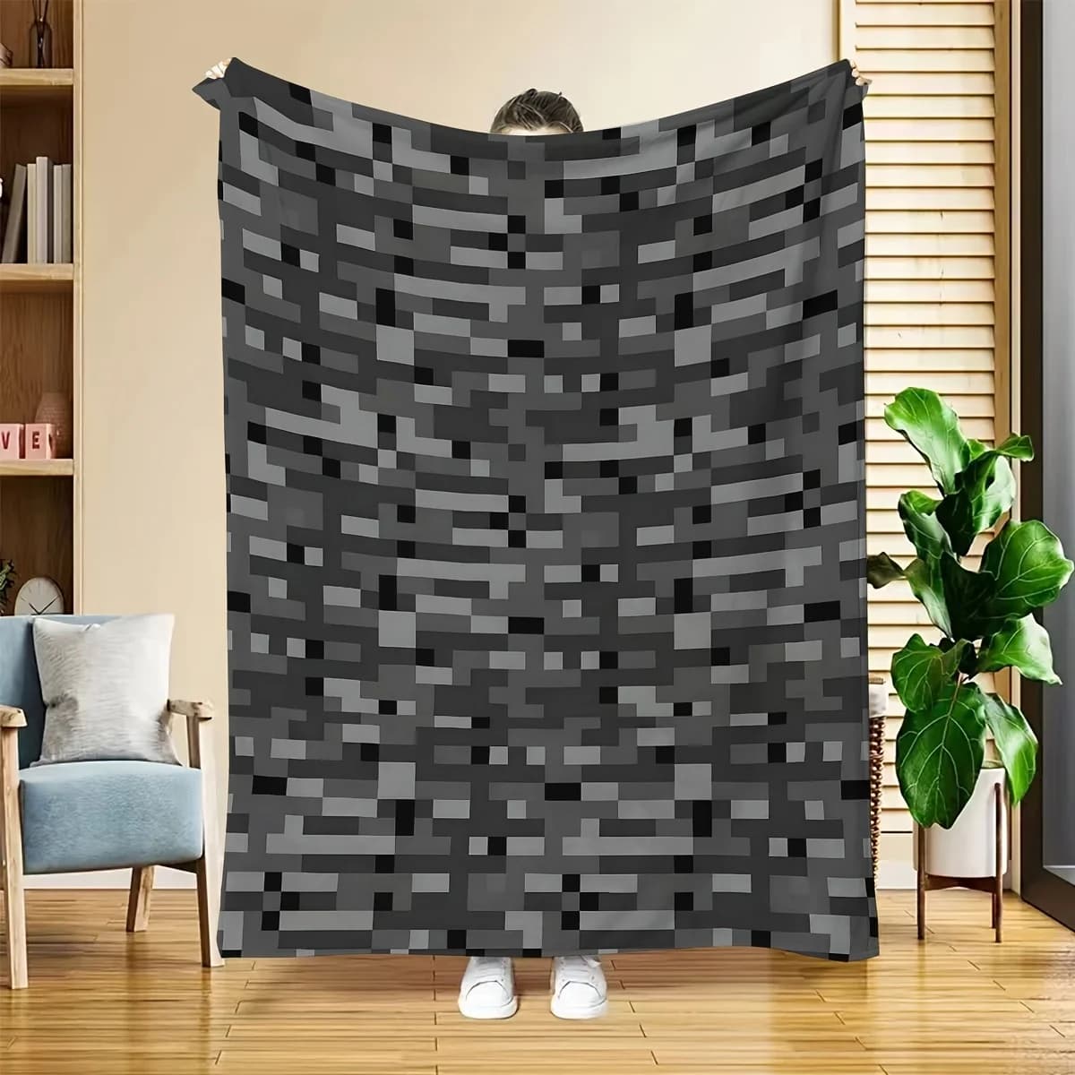 Coperta in flanella mimetica grigia pixelata, stampa 2D su un lato, coperta moderna per camera da letto, soggiorno, sala giochi, accessorio dallo stile audace, regalo