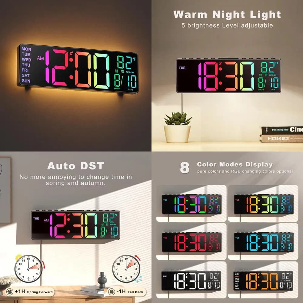 LED Wall Clock Large 10.5 Inch With Alarm Clock, RGB Lights, Automatic DST and Temperature Display for Home and Office