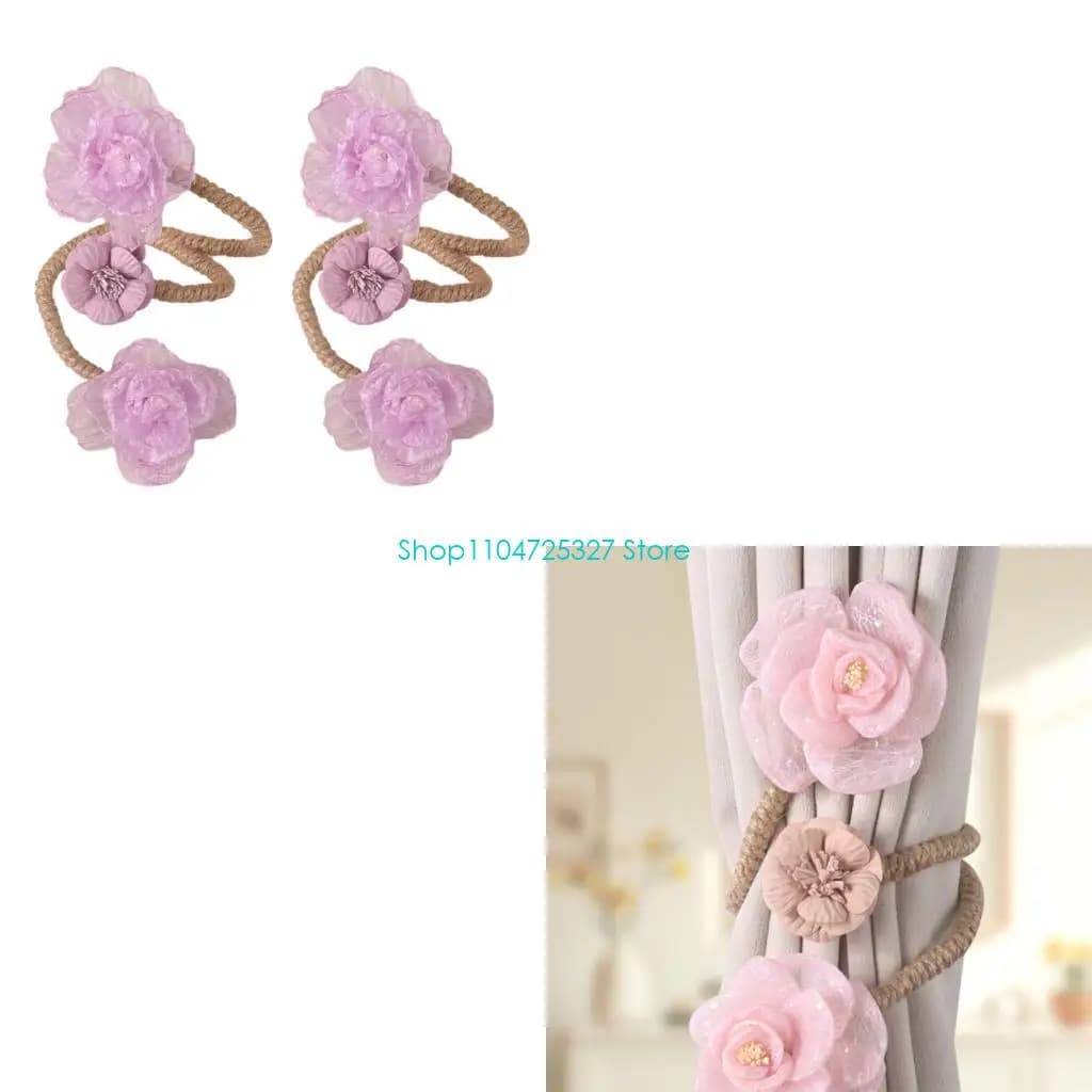 D8KF 2Pcs Artistic Artificial Flower Curtain Buckle Adjustable Tiebacks for Home Decors Window Drapery Floral Holdbacks Tie