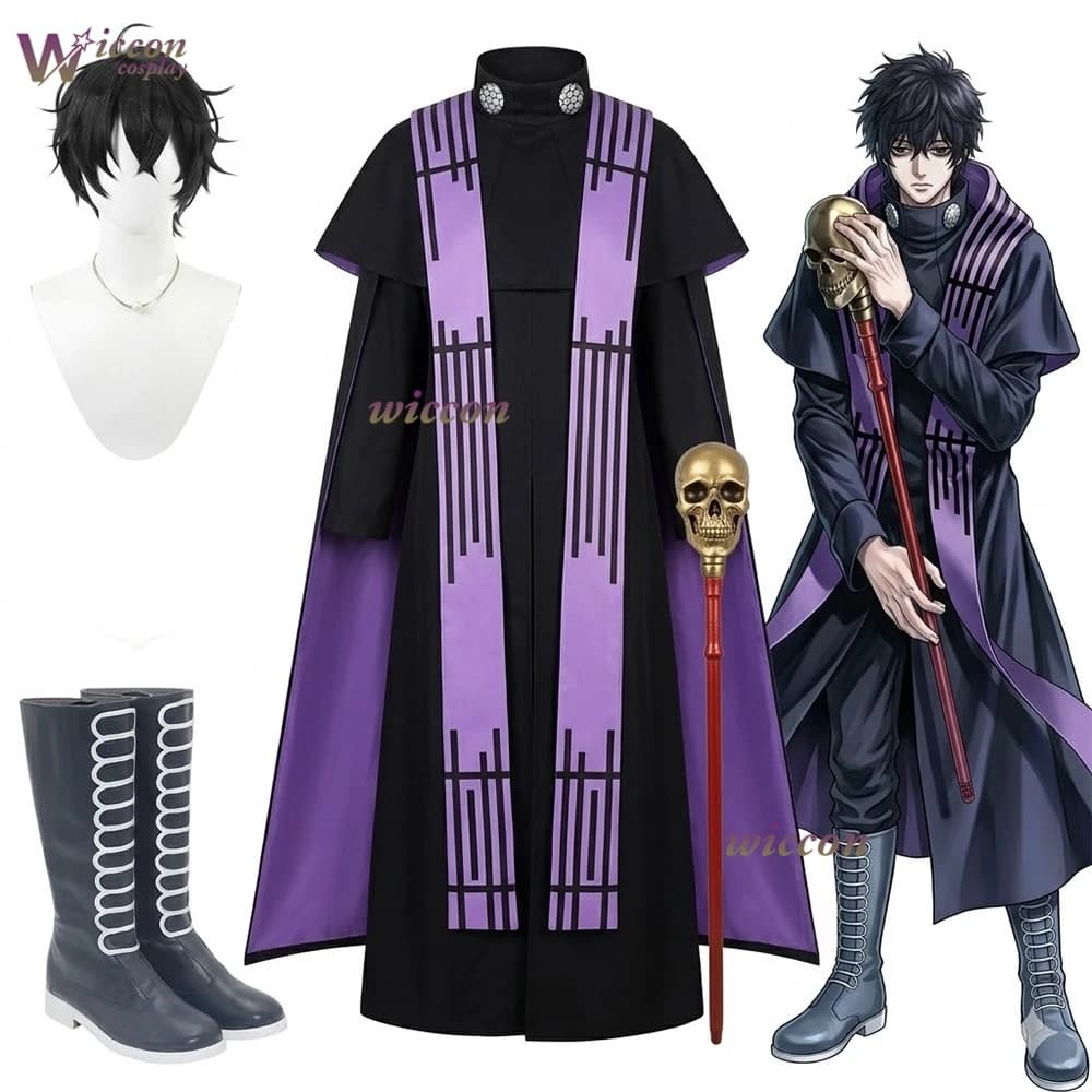 Costume Cosplay di Beelzebub da Record of Ragnarok con Cappotto Nero, Sciarpa Viola e Parrucca per Eventi di Halloween