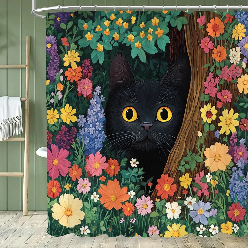 Floral Cat Shower Curtain Cute Cat Cartoon Washable Hanging Curtain Bathroom Curtain and Home Decor Curtain with Hooks