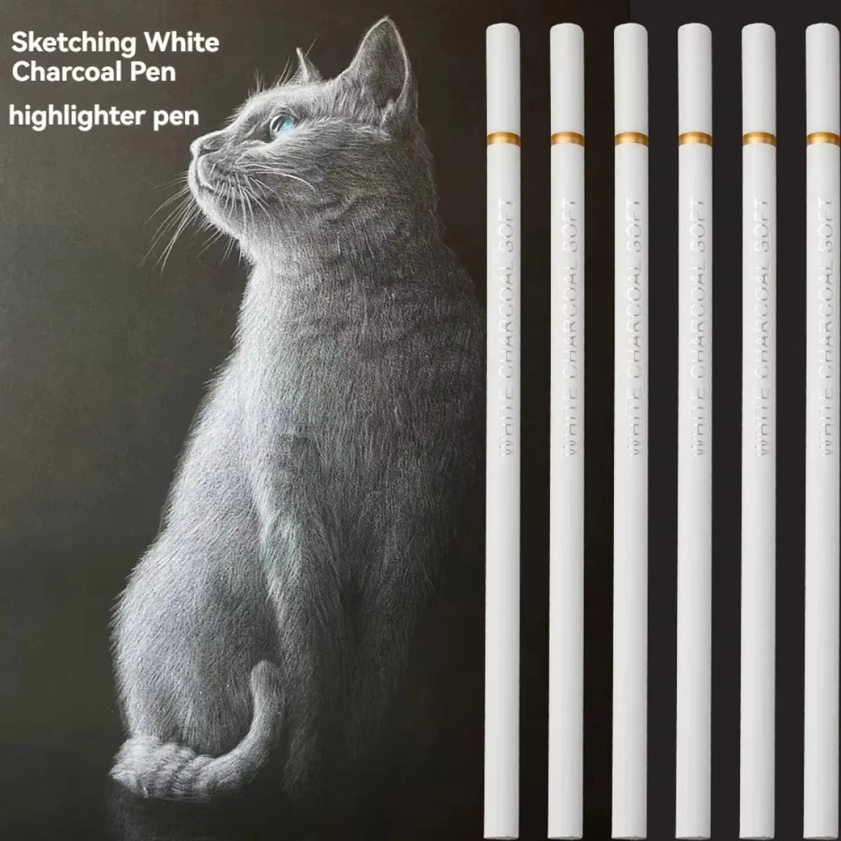 6 Pcs White Charcoal Pencils Soft Drawing Set White Sketch Pencil for Drawing Sketching Chalk Pencils Beginners & Artists