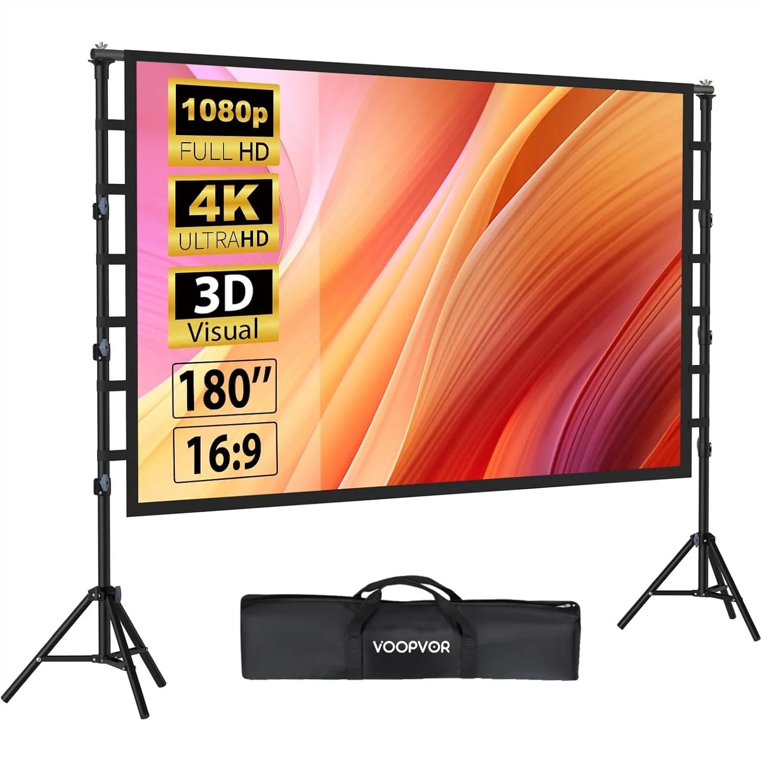 Schermo per Proiettore da Esterno 180 Pollici con Supporto, Portatile 16:9 4K HD, Senza Pieghe, Altezza Regolabile per Home Theater e Campeggio