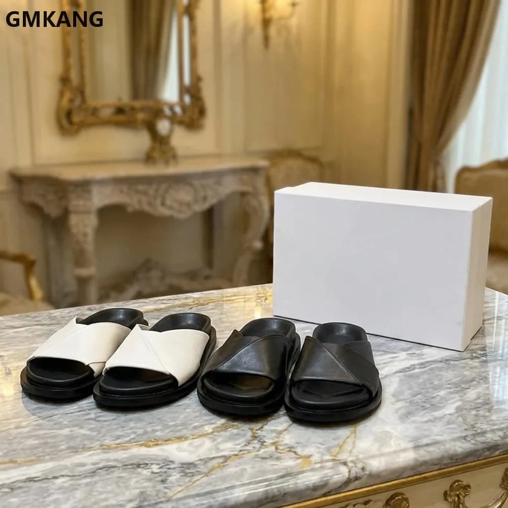 Women Genuine Leather Flat Mules Slip-On Loafers Comfort Casual Cross-Tied Slides Outdoor Walking Shoes Black White