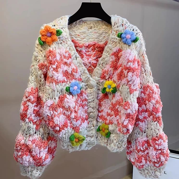 Cardigan in maglia spessa da donna, stile pigro, scollo a V, lavorazione 3D all'uncinetto, aperto, autunno inverno, nuovo arrivo