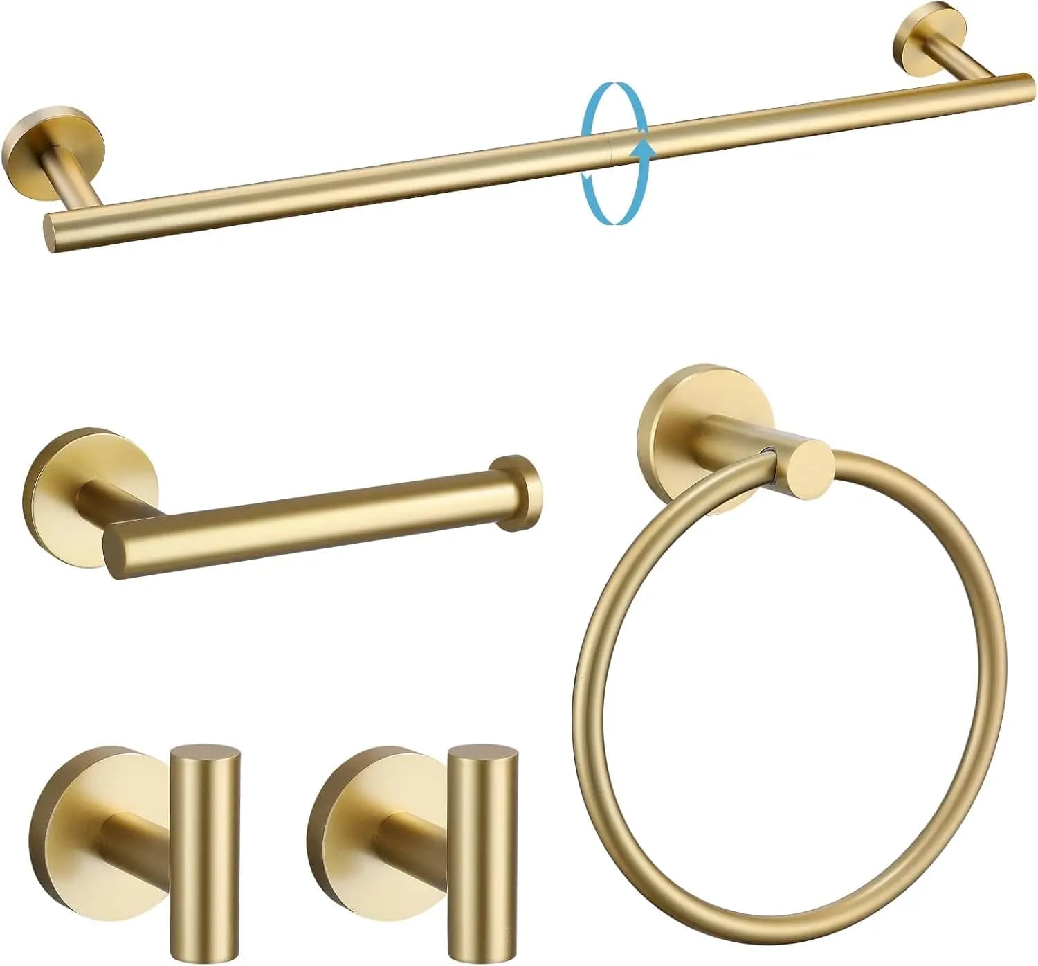 Set di 5 Accessori per Bagno in Oro Spazzolato, Set Portasciugamani da 24 Pollici in Acciaio Inox SUS304, Kit Accessori Bagno Rotondi