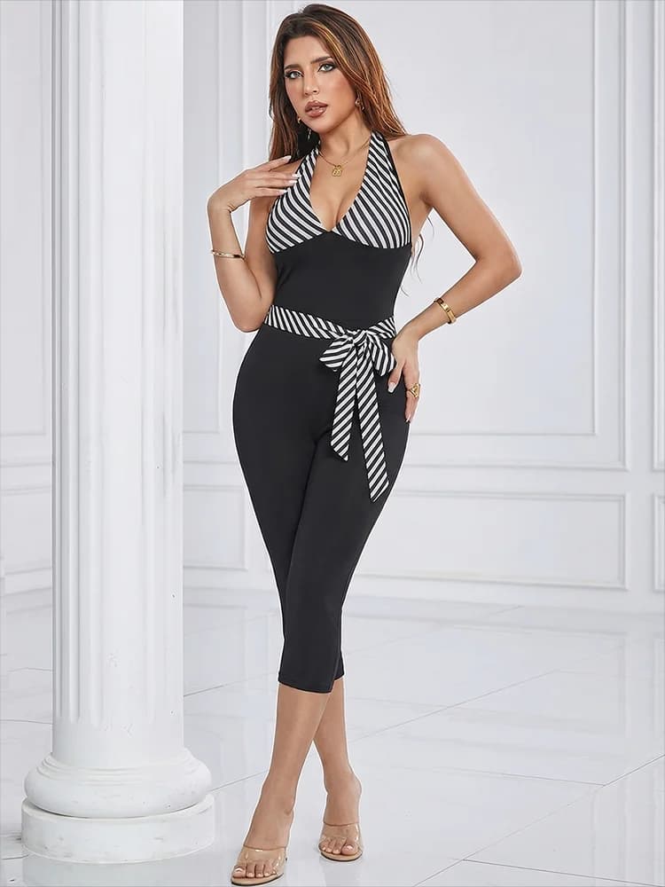 Tuta intera da donna Whatiwear a righe con patchwork, scollo all'americana, senza schienale, senza maniche, slim fit, elasticizzata, alla moda per ragazze.
