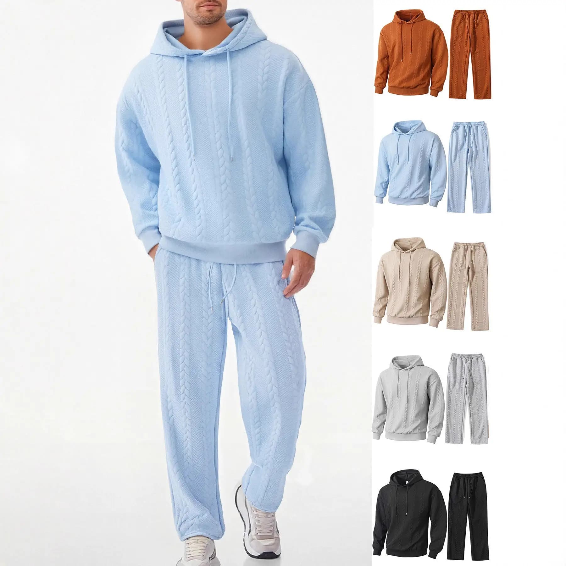 Nuovo Completo da Uomo con Felpa a Maniche Lunghe, Tinta Unita, Casual, Due Pezzi con Ricamo - Collezione Estiva Cross-Border