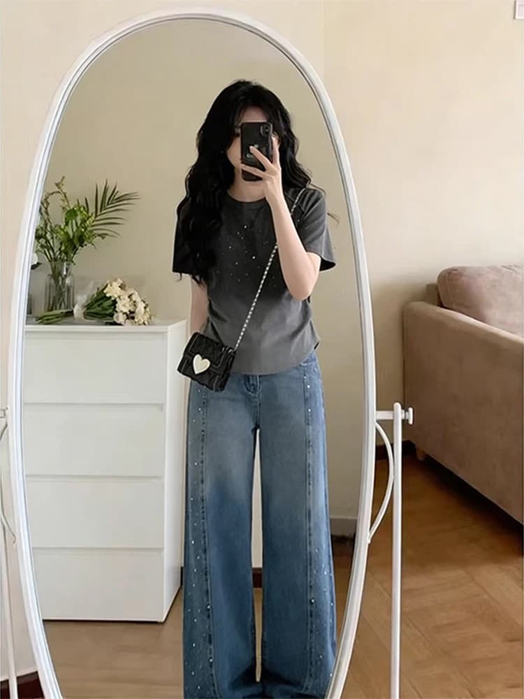 Summer New Casual Style Set Slim Short Sleeve T-Shirt Diamond Inlay Gradient Wide Leg Jeans Two Piece Set Women Fashion