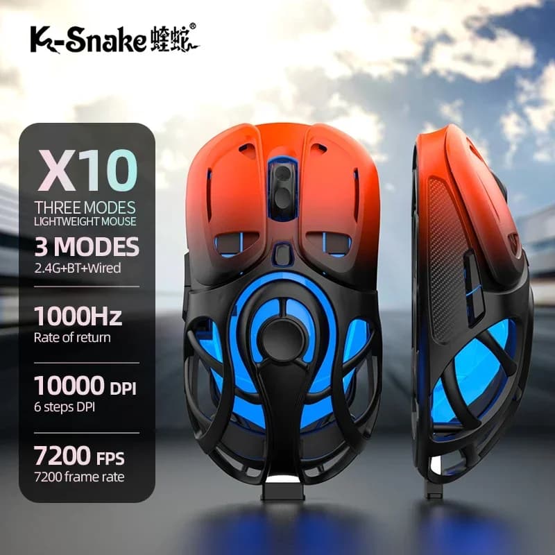 Mouse da Gaming Wireless Macro 2.4G Bluetooth Tri-mode con Cavo, Frequenza di Polling 1000Hz, 10000 DPI, Ricaricabile, RGB, Leggero