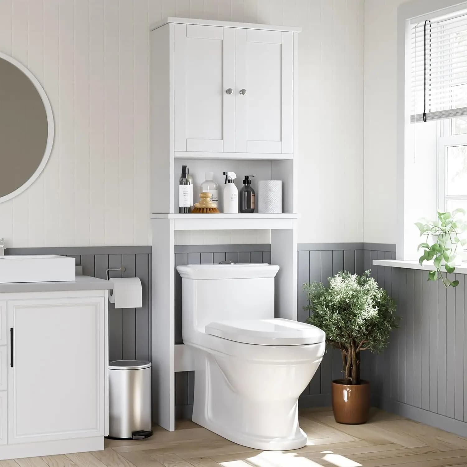 Mobiletto Salvaspazio da Bagno Sopra il WC, Scaffale Regolabile con Dispositivo Anti-Ribaltamento, Bianco