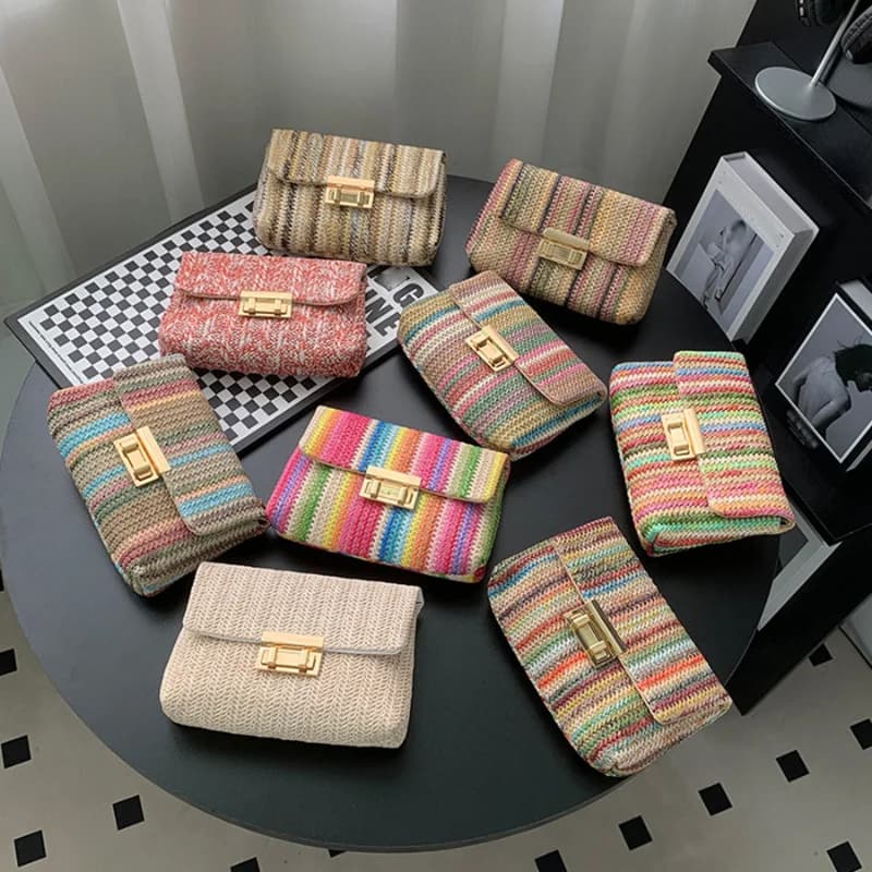 Women Summer Beach Rainbow Stripe Woven Straw Crossbody Shoulder Bag Front Flap Turn-Lock Chain Boho Vacation Small Size Purse