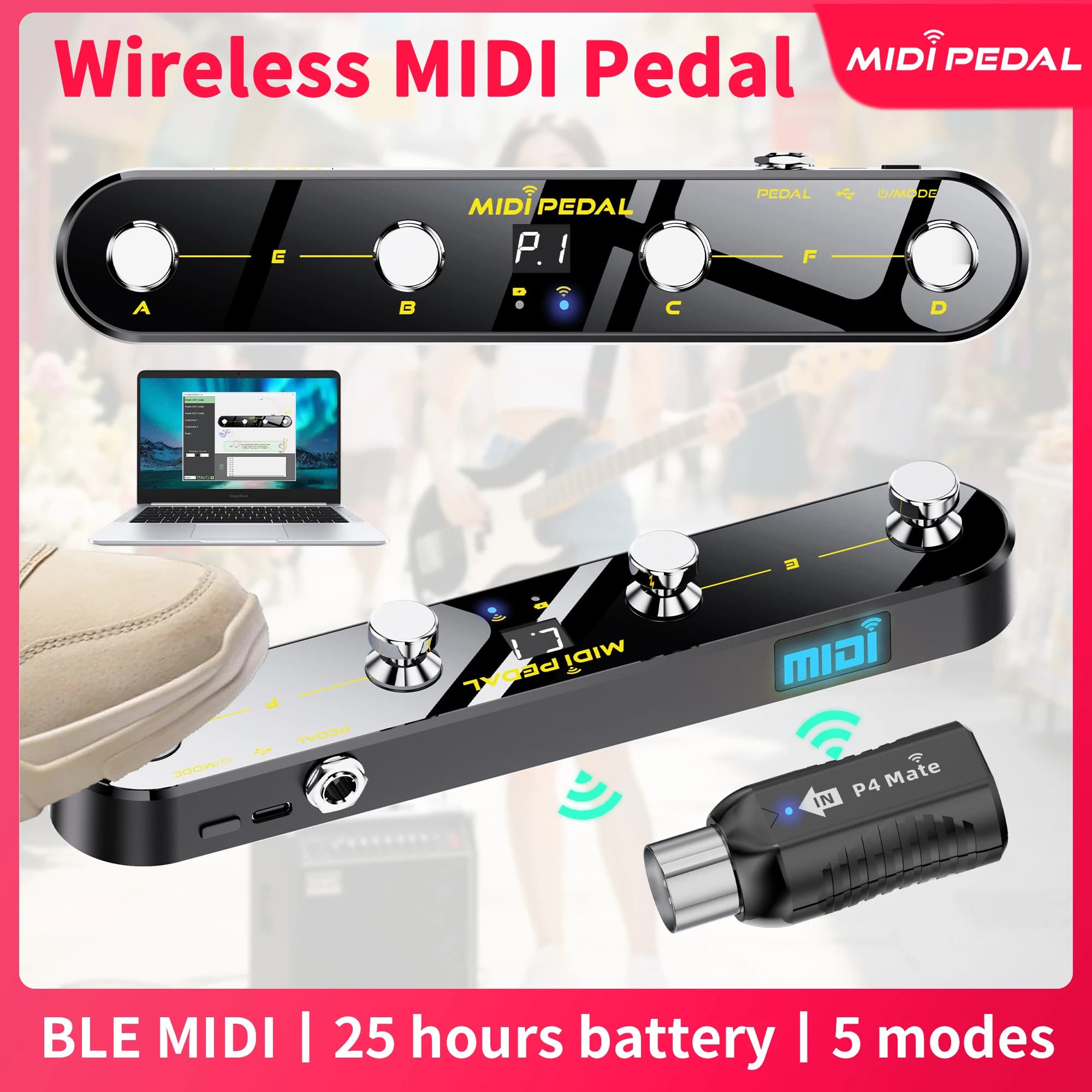 JAMJUM P4 Controller MIDI BT Ricaricabile, Pedale Controller MIDI a 4 Pulsanti con Controllo APP e Sistema di Trasmissione Wireless