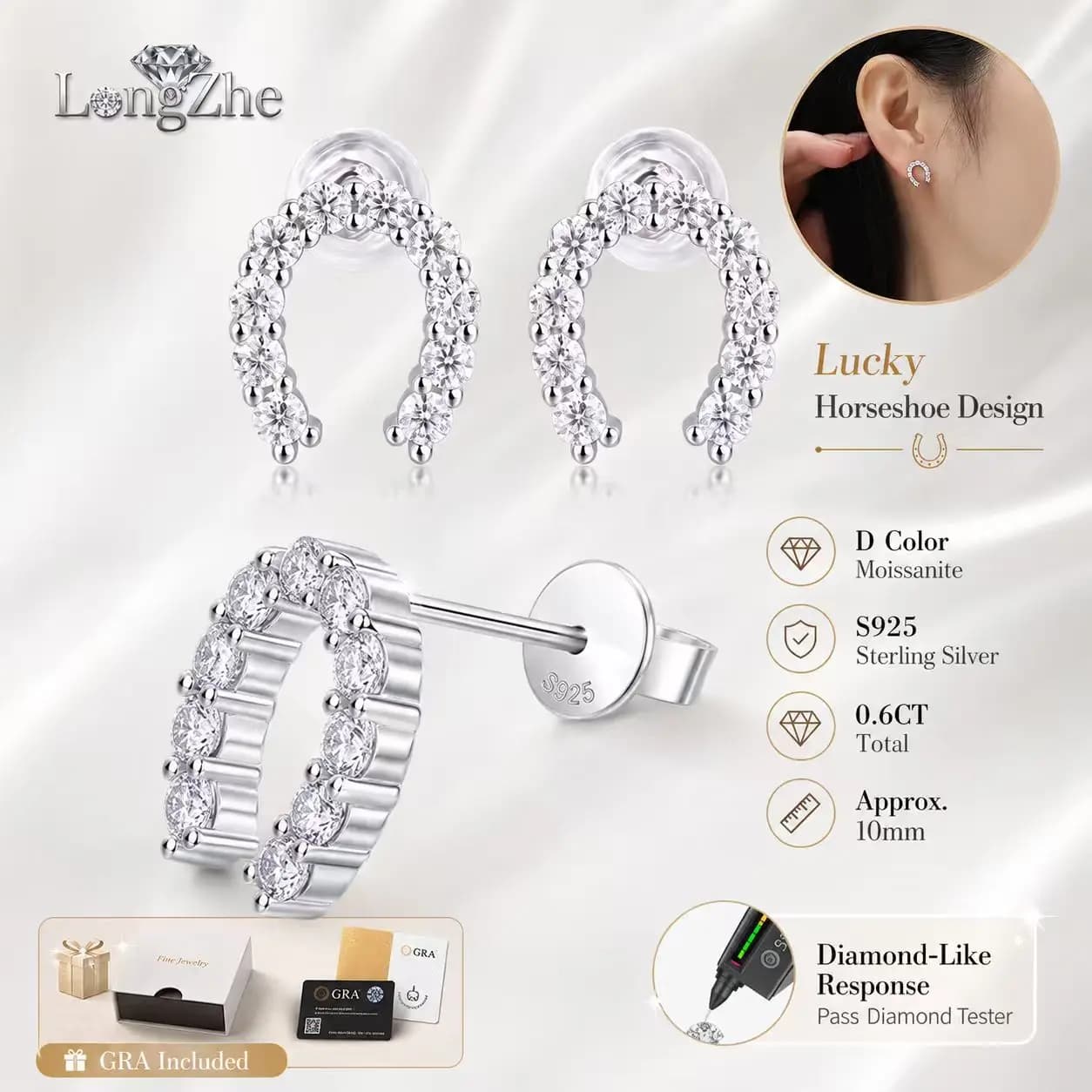 Orecchini a Cerchio Semiaperti in Argento Sterling 925 con Moissanite Certificata GRA per Donne