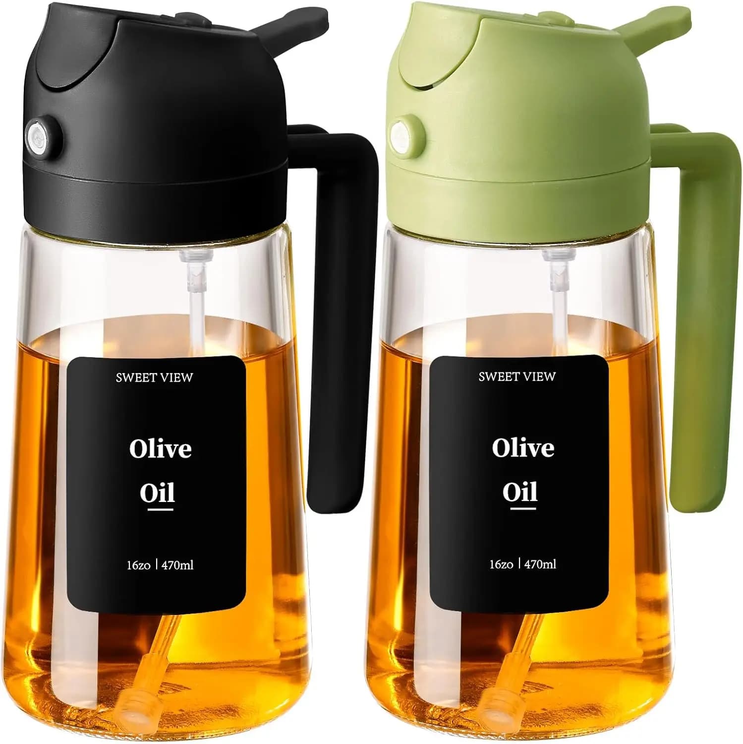 2 Spruzzatori per Olio d'Oliva per Cucinare, Bottiglia Dispenser in Vetro da 16oz, Utensili da Cucina per Friggitrice ad Aria, Insalata, Barbecue, Nero e Verde