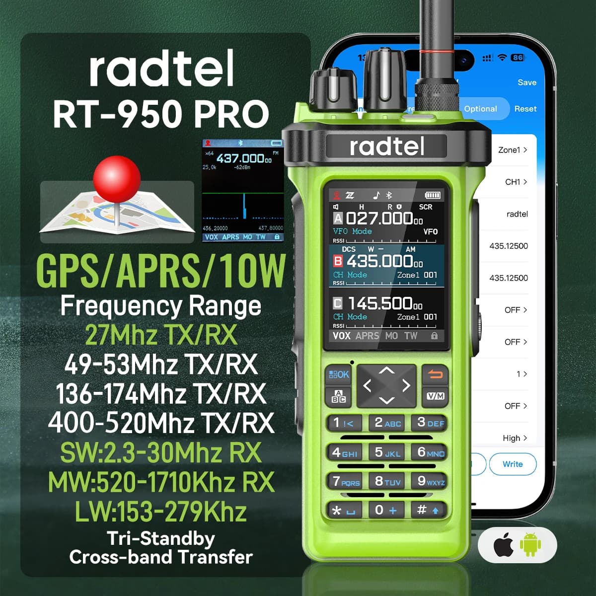 Radtel RT-950 PRO Ricevitore AM/FM/SSB Walkie Talkie verde con GPS APRS 10W Bluetooth Programmazione telefono Ham Radio RT-950PRO