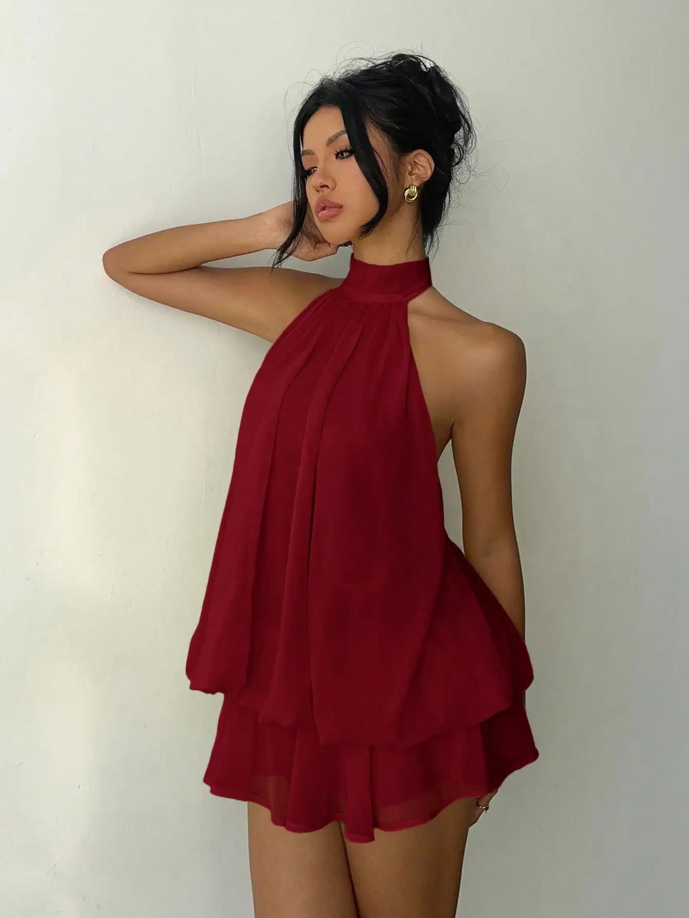 Women's Elegant Red Halter Tie Mini Dress Beach Style