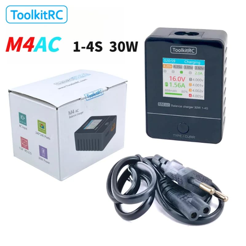 ToolkitRC M4AC 1-4S Lipo LiHV Battery Charger 30W with IPS Display XT30/ XT60 Interface for Lipo RC Racing FPV Drone Battery