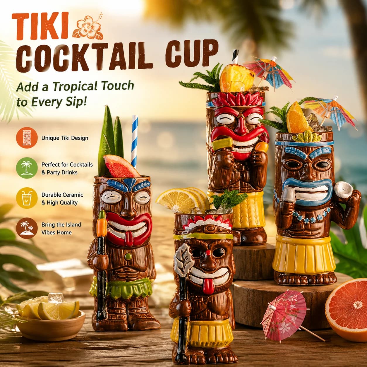 1 pc Tiki cocktail glass, Hawaiian ceramic drinking mug; suitable for bars, clubs, and restaurants—a fun, creative gift.