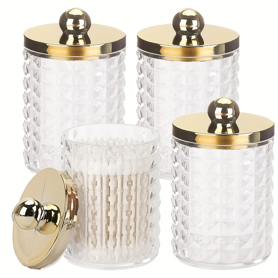 Confezione da 3/4 pezzi Dispenser per trucco con supporto Qtip per batuffoli di cotone, batuffoli di cotone, plettri per filo interdentale - Barattolo di plastica per farmaci da 10 once