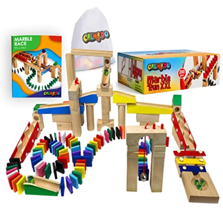 Set di 200 Pezzi per Pista delle Biglie in Legno/Set per Pista delle Biglie per Bambini/Ragazze/Ragazzi Realizzato in Legno di Faggio + Borsa + Istruzioni