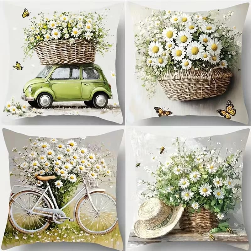 VIKAMA Fodera per cuscino floreale vintage, federa con motivo a cesto di margherite nostalgico, perfetta per l'arredamento del divano e del soggiorno