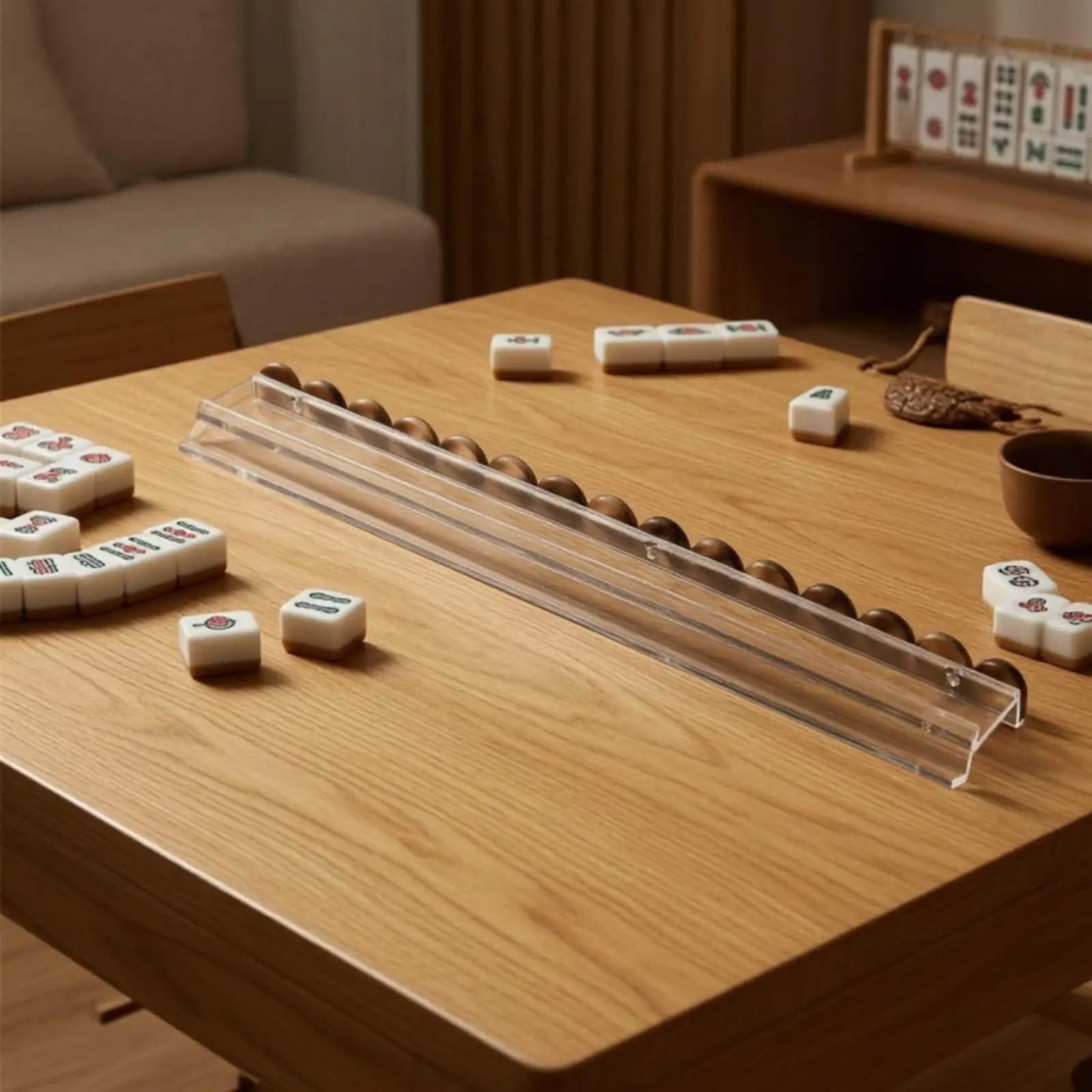 Acrylic Mahjong Tile Rack Transparent Wave Edge Holder for Mahjong Game Tiles with One Hand Push for Quick Rounds