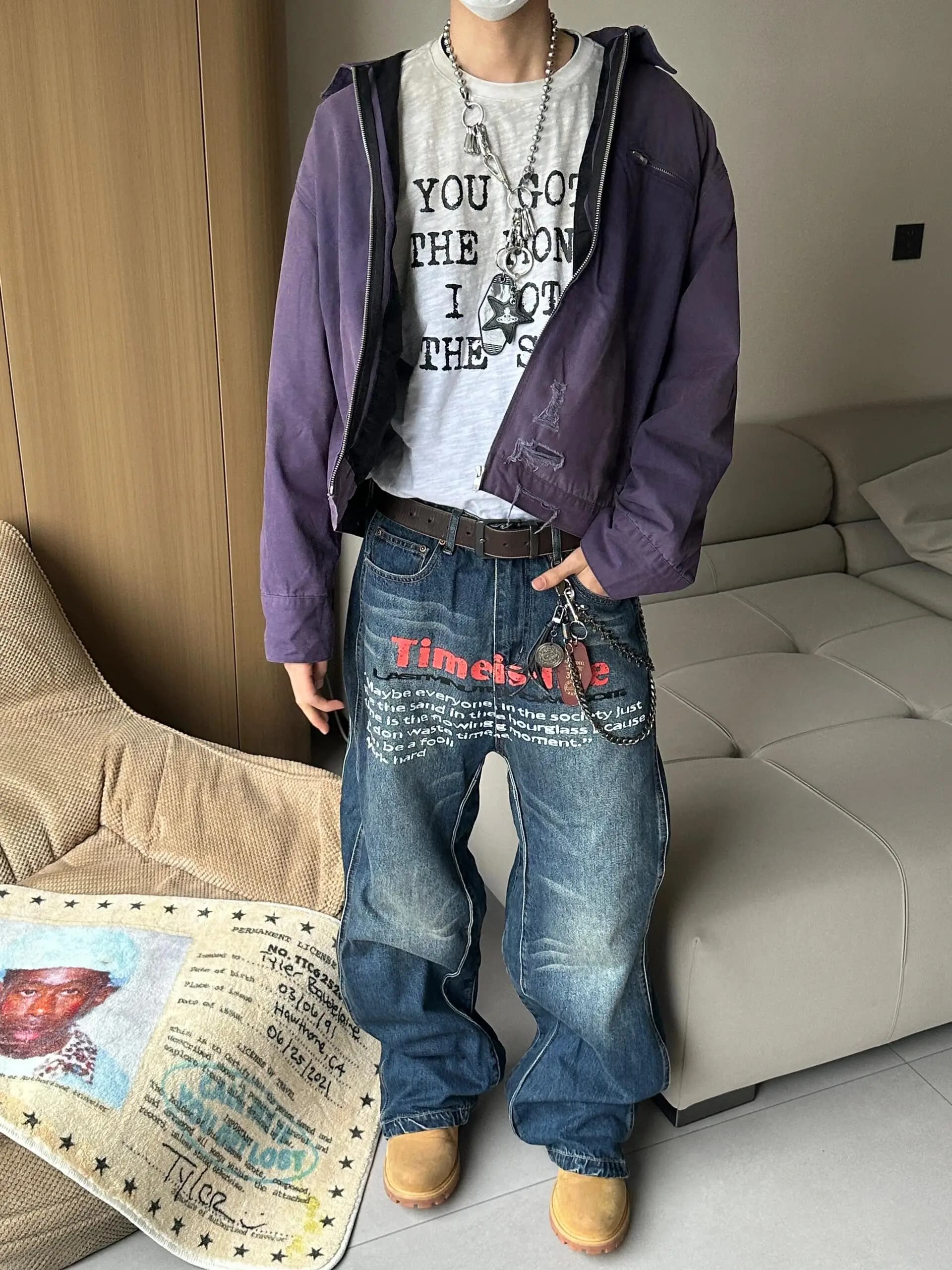 American Vibe Washed out Vintage Print Loose Fit Straight Leg Jeans for Men Casual Youthful Style Autumn Trendy Loose Design