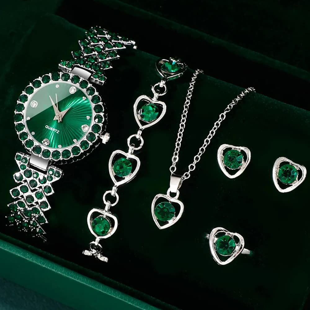 Women's Fashion Watches Heart Rhinestone Ring Earrings Jewelry Set Luxury Dress Quartz Watch Simple and Elegant Gif Watch