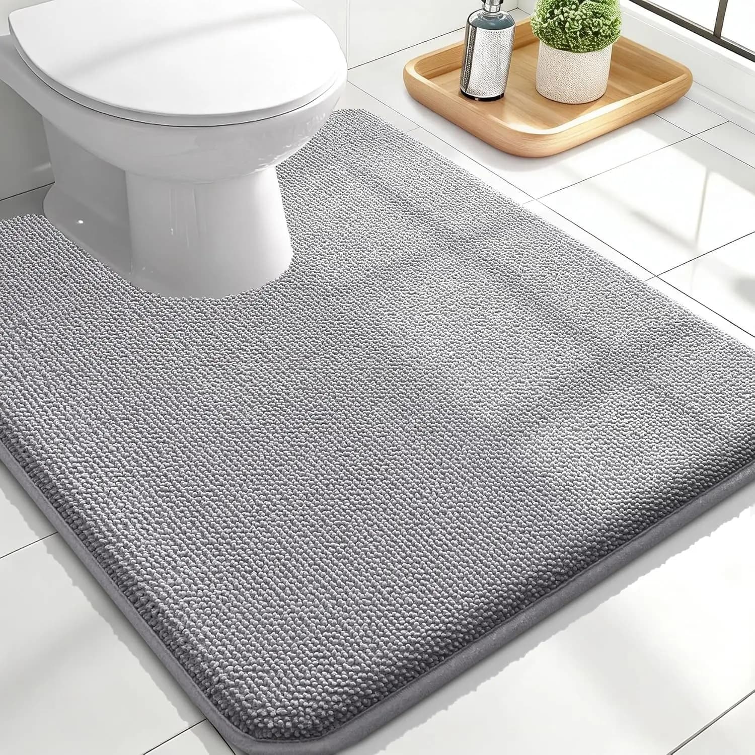 U-Shaped Contour Bath Mat 24x20, Extra Soft Absorbent Memory Foam, Quick Dry, Non-Slip, Machine Washable, Grey